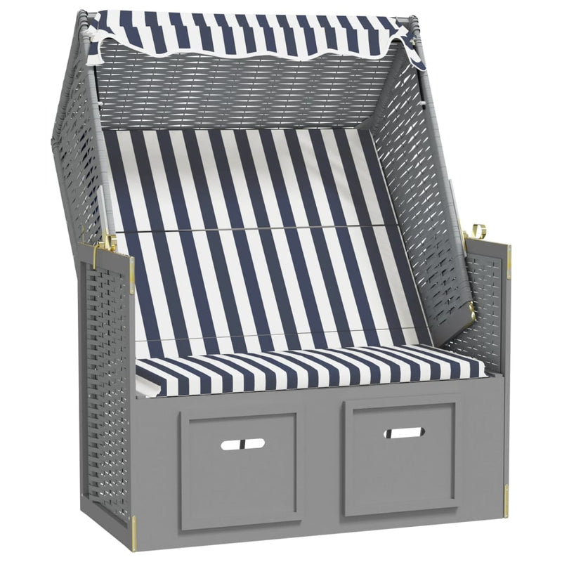 Strandstoel met luifel poly rattan en massief hout blauw en wit MeubelReus