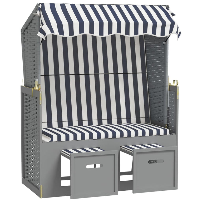 Strandstoel met luifel poly rattan en massief hout blauw en wit MeubelReus