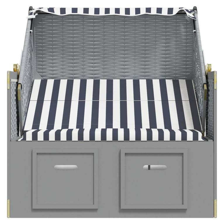 Strandstoel met luifel poly rattan en massief hout blauw en wit MeubelReus