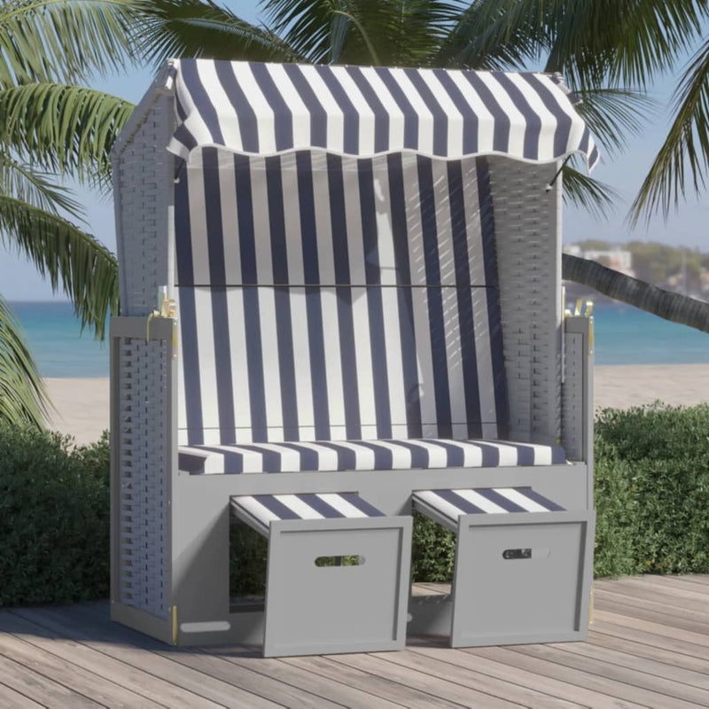 Strandstoel met luifel poly rattan en massief hout blauw en wit MeubelReus