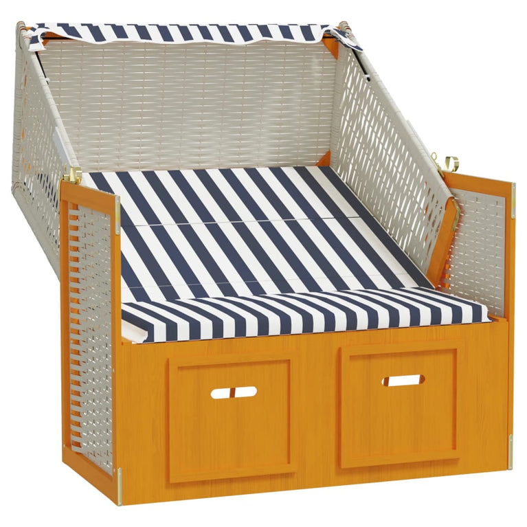Strandstoel met luifel poly rattan en massief hout wit en blauw MeubelReus