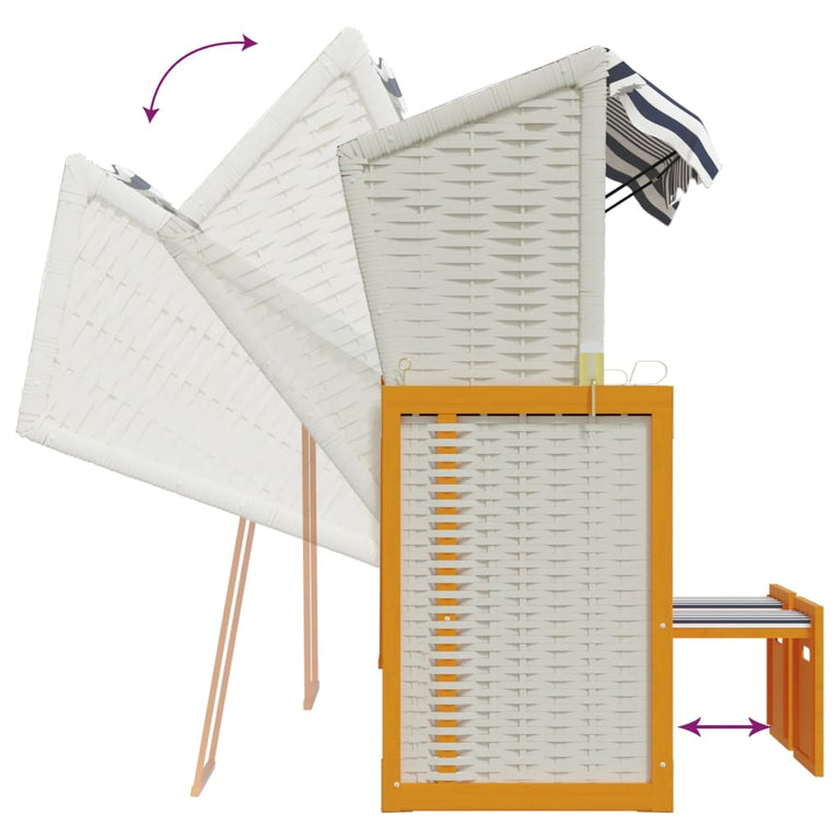 Strandstoel met luifel poly rattan en massief hout wit en blauw MeubelReus