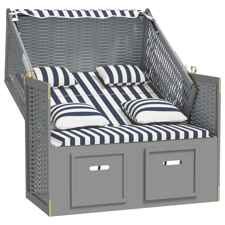 Strandstoel met kussens poly rattan en hout blauw en wit MeubelReus