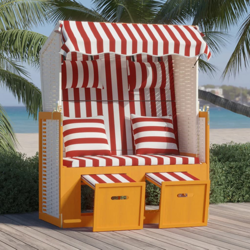 Strandstoel met kussens poly rattan en hout rood en wit MeubelReus