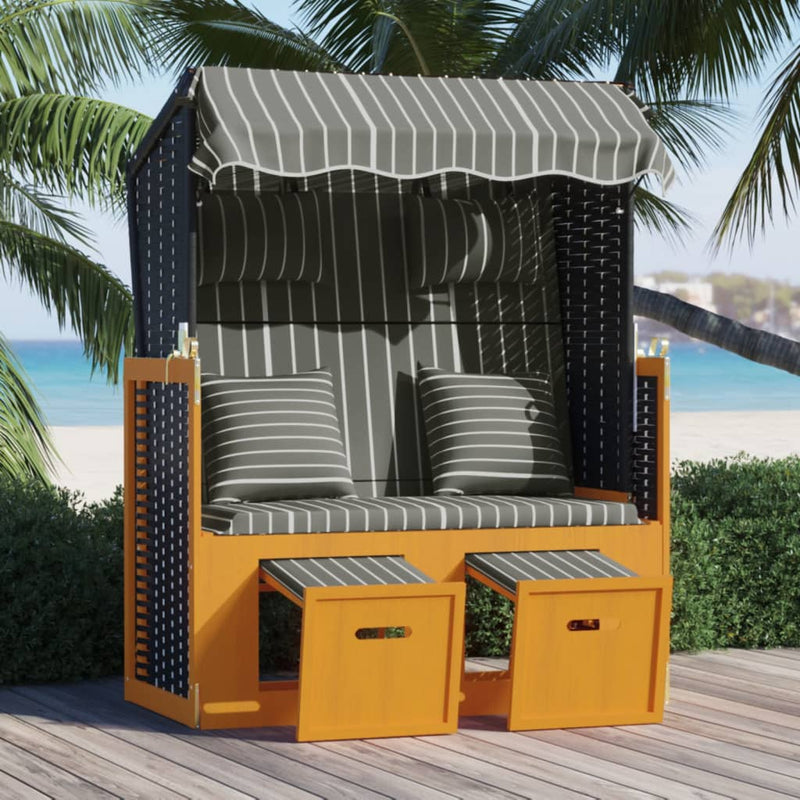 Strandstoel met kussens poly rattan en hout zwart en grijs MeubelReus
