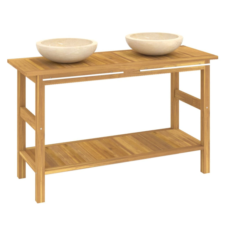 Wastafelkast met wasbakken massief teakhout marmer crèmekleurig MeubelReus