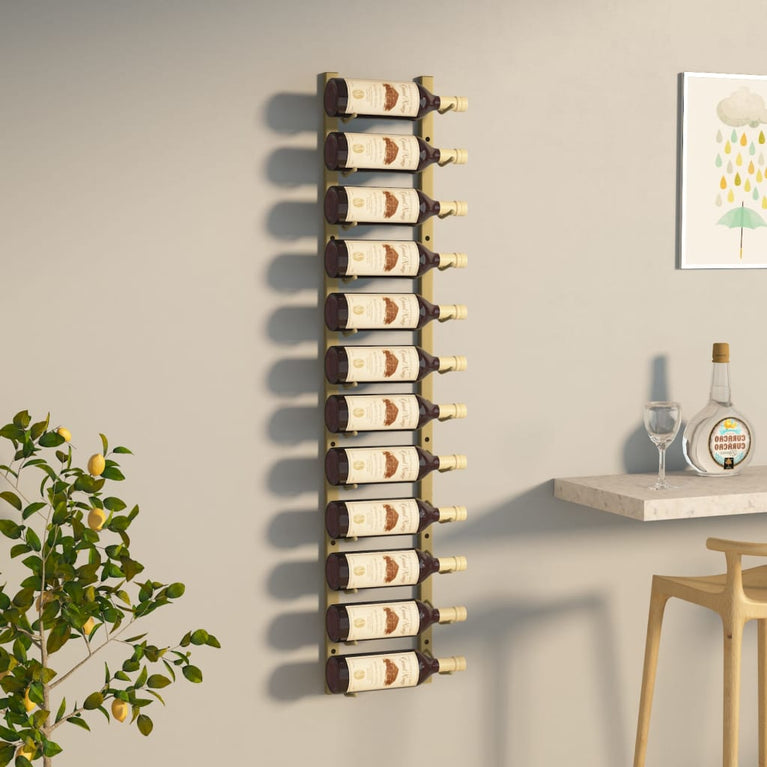 Wijnrek voor 12 flessen wandmontage ijzer goudkleurig MeubelReus