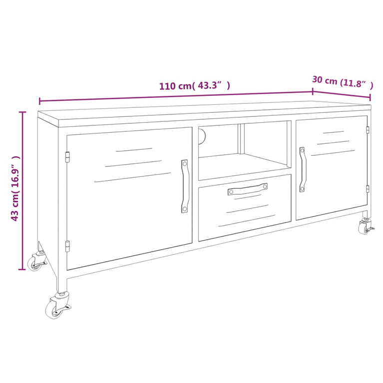 Tv-meubel 110x30x43 cm ijzer en massief vurenhout zwart MeubelReus