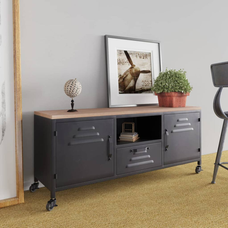 Tv-meubel 110x30x43 cm ijzer en massief vurenhout zwart MeubelReus