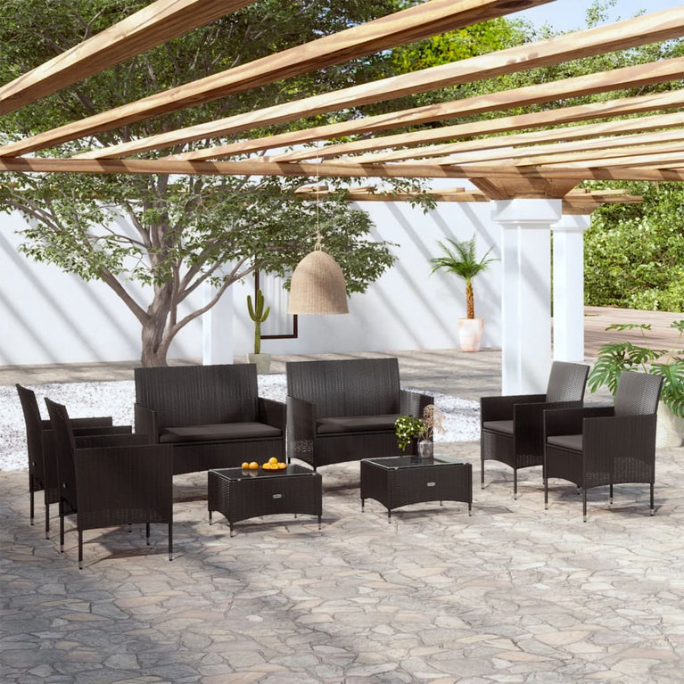 8-delige Loungeset met kussens poly rattan zwart MeubelReus