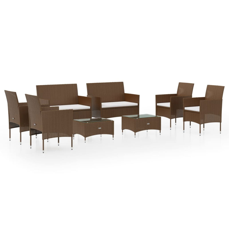 8-delige Loungeset met kussens poly rattan bruin