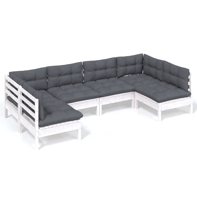 6-delige Loungeset met kussens massief grenenhout wit