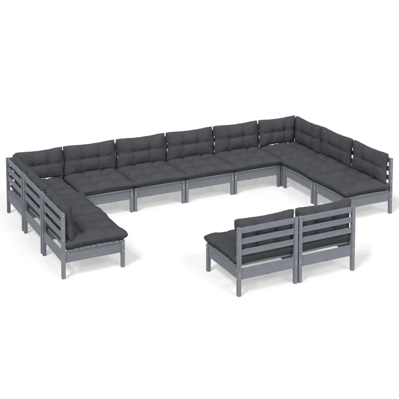 12-delige Loungeset met kussens massief grenenhout grijs