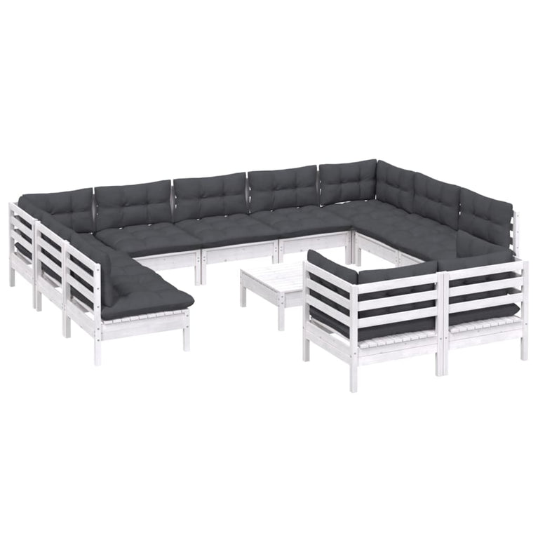 12-delige Loungeset met kussens massief grenenhout wit