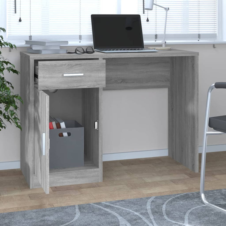 Bureau met kast en lade 100x40x73 cm bewerkt hout grijs sonoma