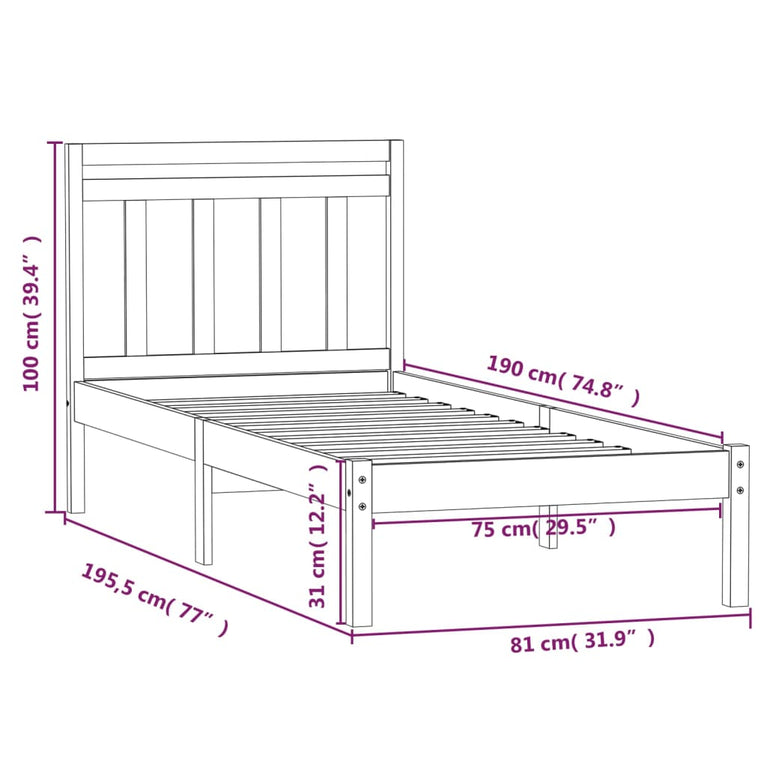 Bedframe massief hout wit 75x190 cm 2FT6 small single
