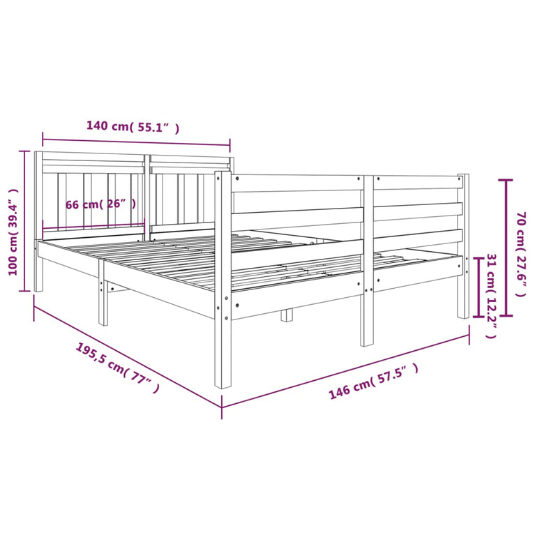 Bedframe massief hout wit 140x190 cm