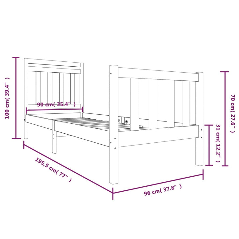 Bedframe massief hout wit 90x190 cm 3FT6 Single