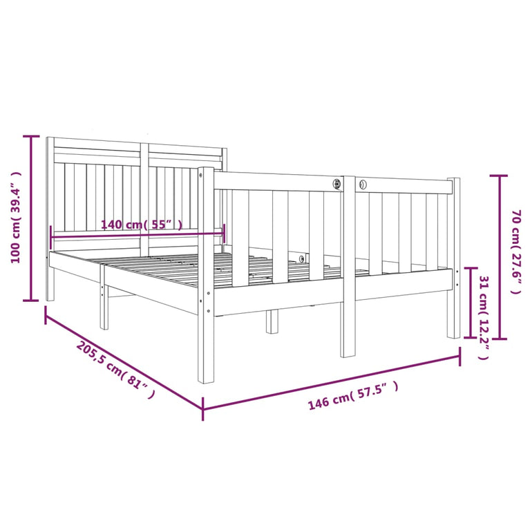 Bedframe massief hout wit 140x190 cm