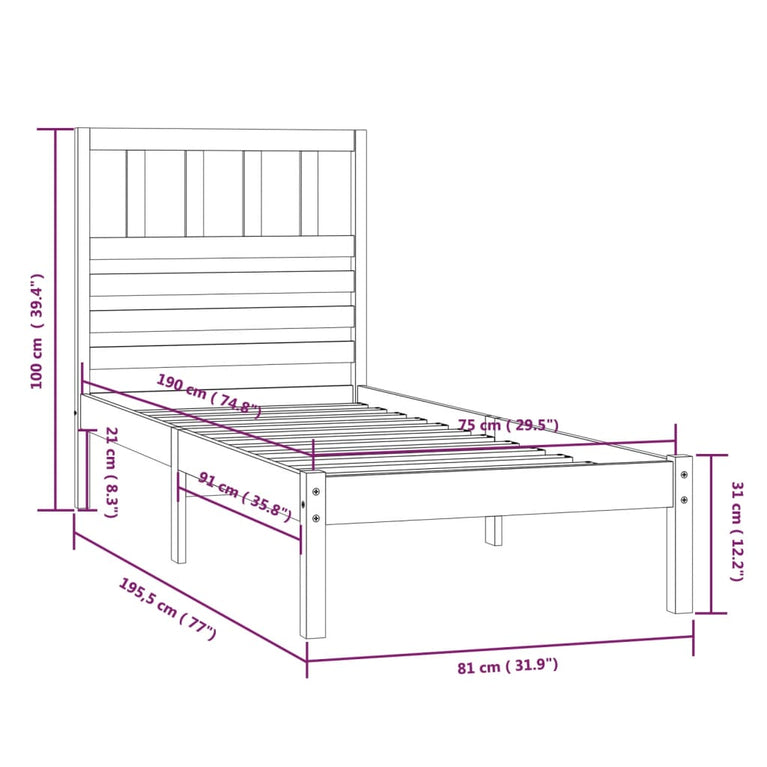 Bedframe massief grenenhout zwart 75x190 cm Small Single