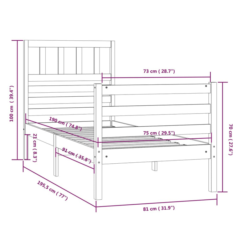 Bedframe massief hout wit 75x190 cm 2FT6 small single
