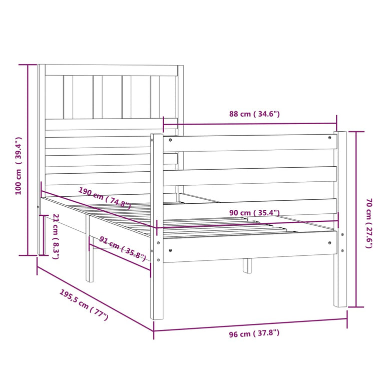 Bedframe massief hout 90x190 cm 3FT Single