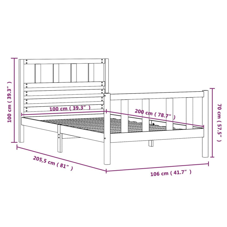 Bedframe massief hout zwart 100x200 cm