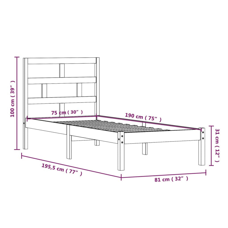 Bedframe massief hout zwart 75x190 cm 2FT6 Small Single