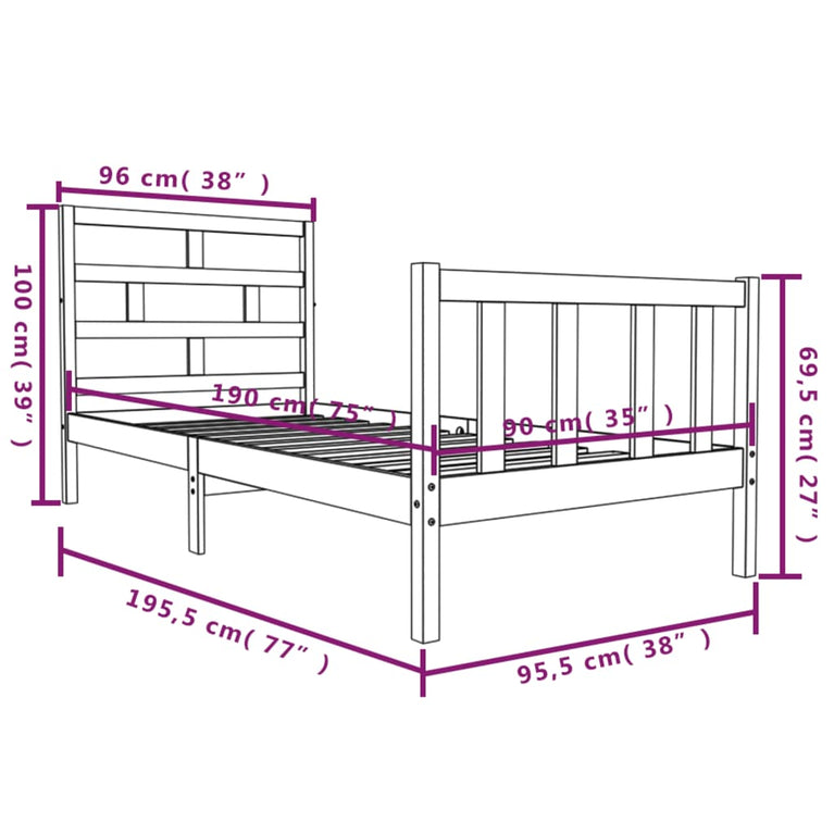 Bedframe massief grenenhout zwart 90x190 cm 3FT single