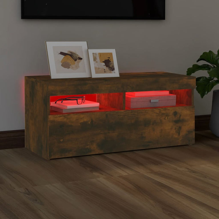 Tv-meubel met LED-verlichting 90x35x40 cm gerookt eikenkleurig MeubelReus