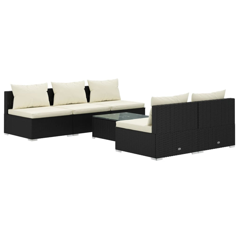 6-delige Loungeset met kussens poly rattan zwart