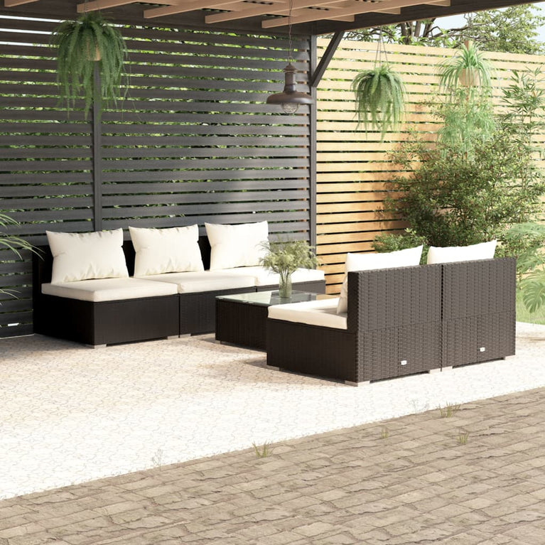 6-delige Loungeset met kussens poly rattan zwart