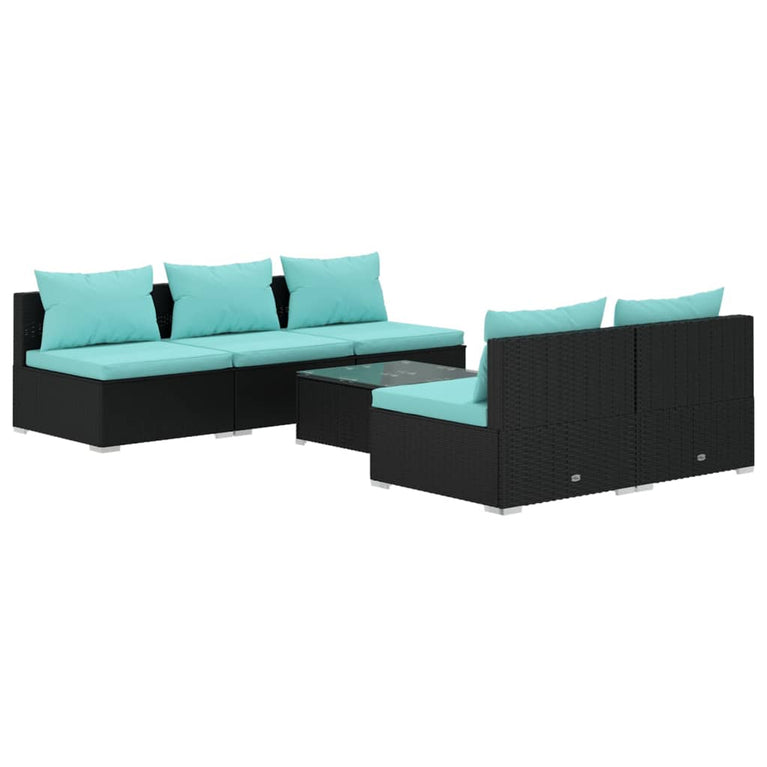 6-delige Loungeset met kussens poly rattan zwart