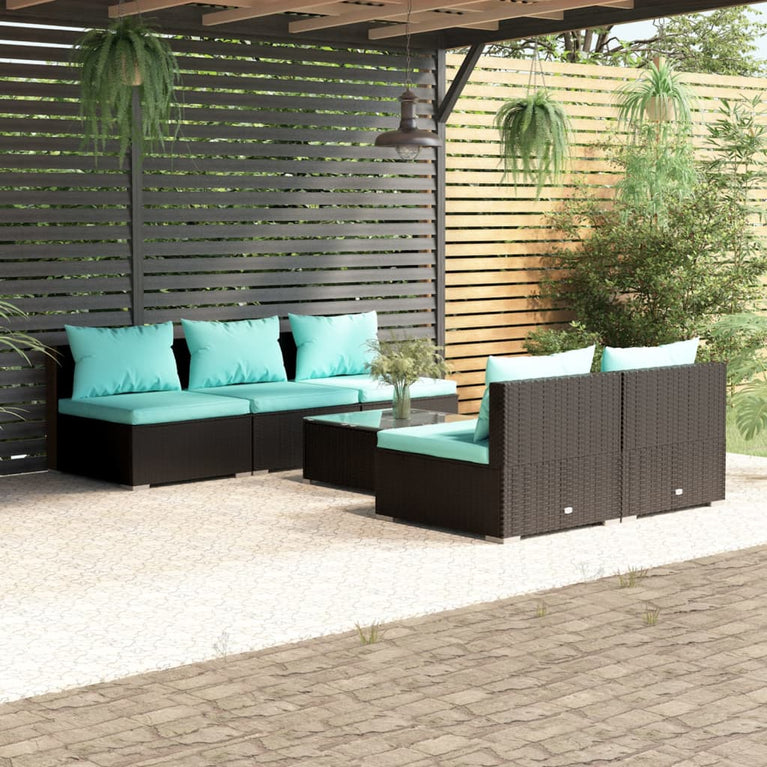 6-delige Loungeset met kussens poly rattan zwart