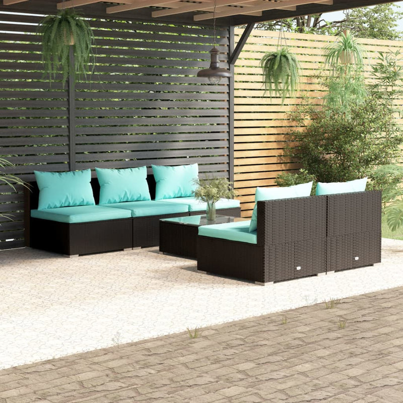 6-delige Loungeset met kussens poly rattan zwart