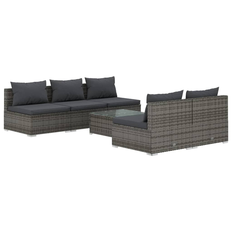 6-delige Loungeset met kussens poly rattan grijs