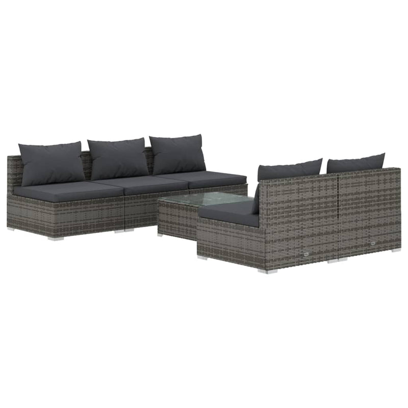 6-delige Loungeset met kussens poly rattan grijs