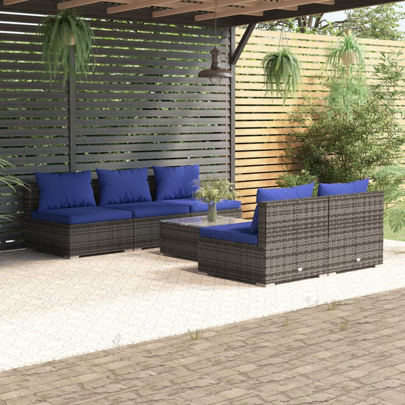 6-delige Loungeset met kussens poly rattan grijs