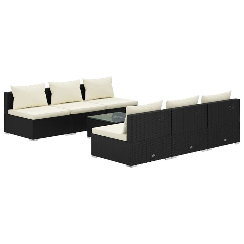 7-delige Loungeset met kussens poly rattan zwart