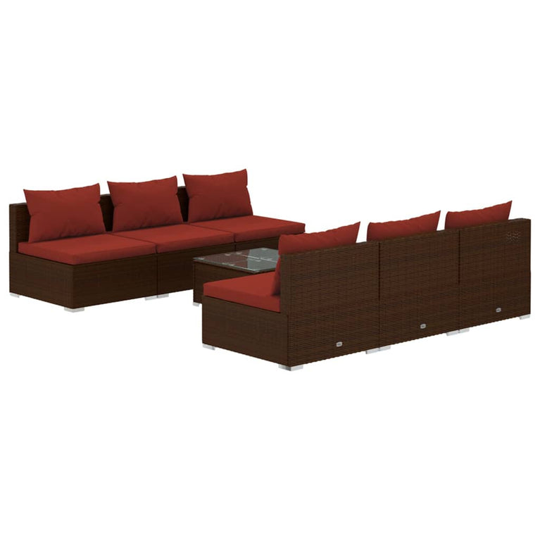 7-delige Loungeset met kussens poly rattan bruin