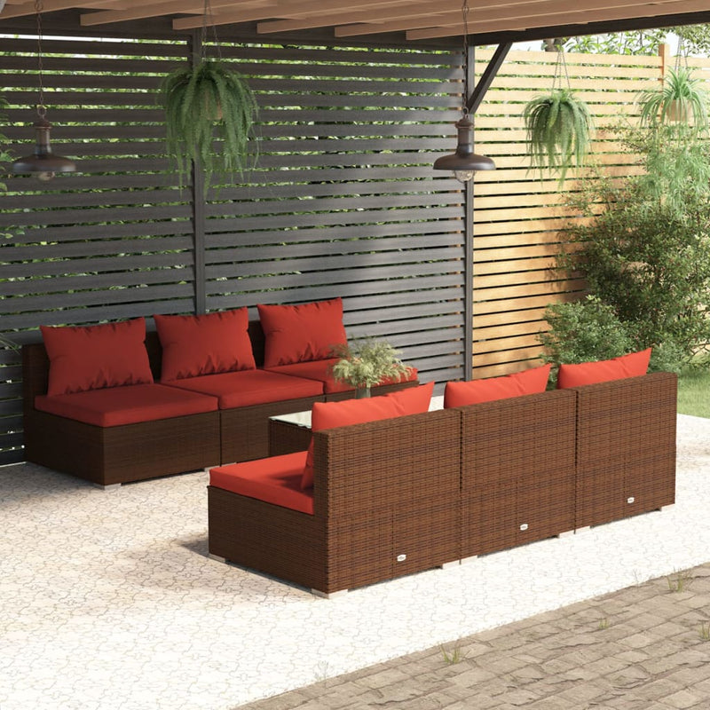 7-delige Loungeset met kussens poly rattan bruin