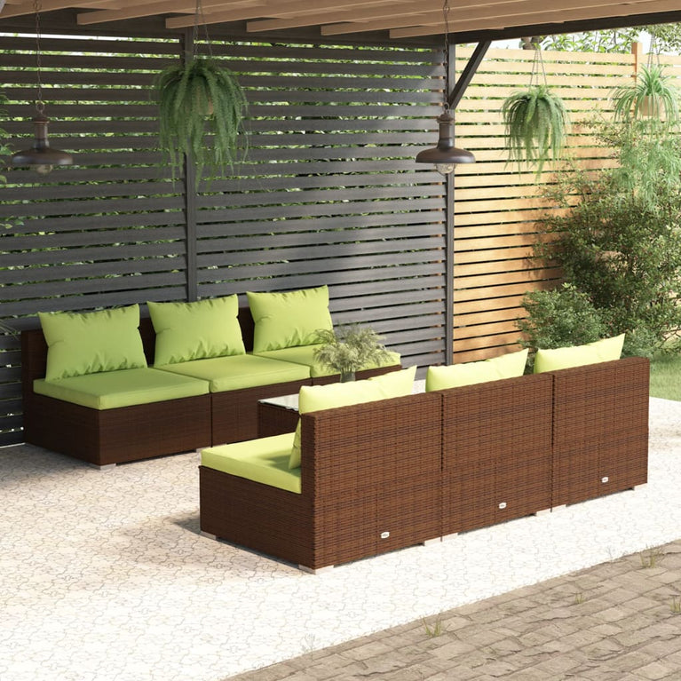7-delige Loungeset met kussens poly rattan bruin