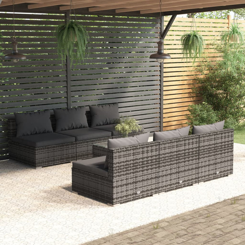 7-delige Loungeset met kussens poly rattan grijs