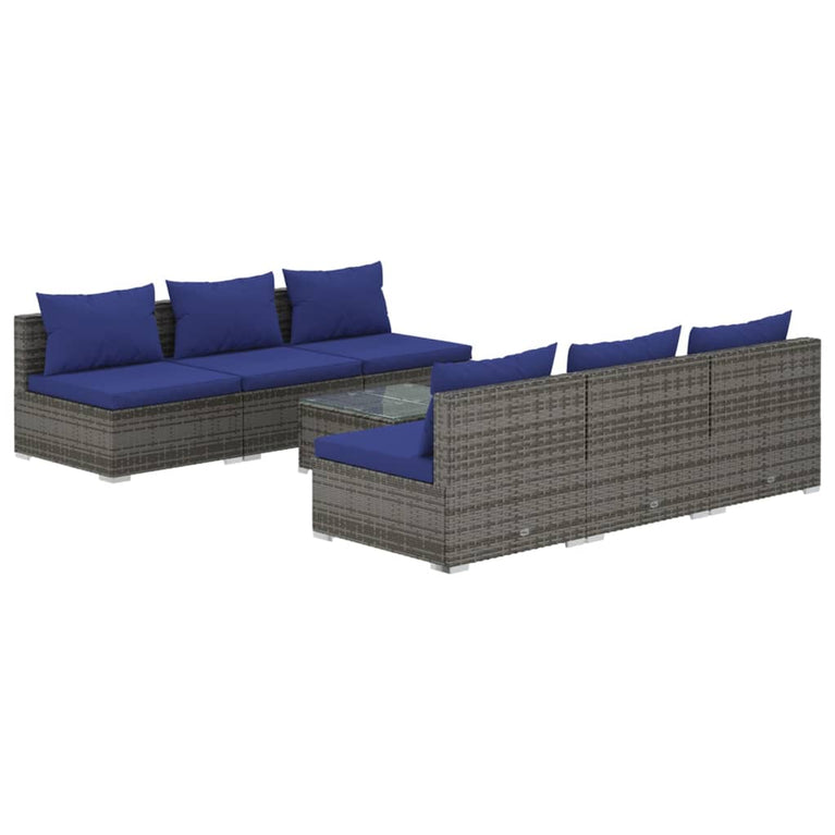 7-delige Loungeset met kussens poly rattan grijs