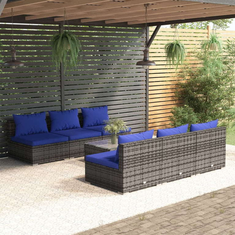 7-delige Loungeset met kussens poly rattan grijs