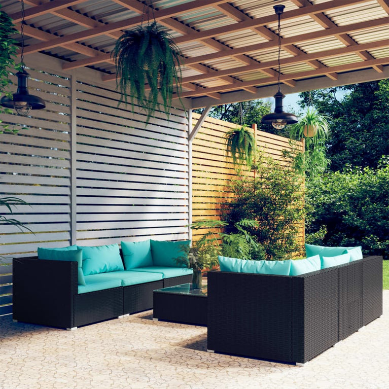 7-delige Loungeset met kussens poly rattan zwart MeubelReus
