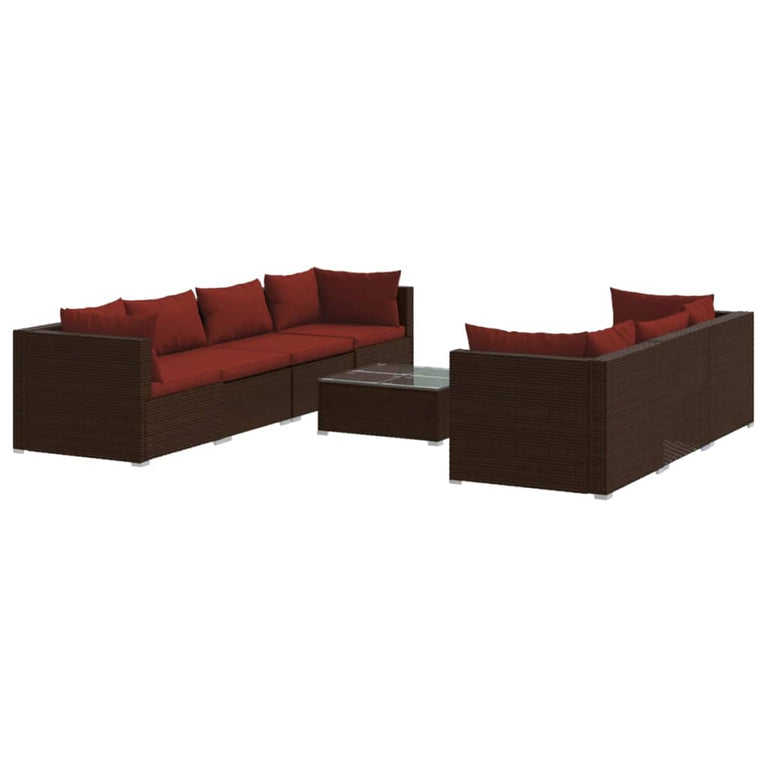 8-delige Loungeset met kussens poly rattan bruin