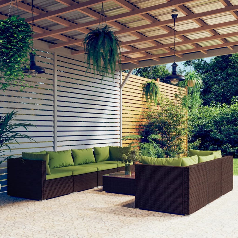 8-delige Loungeset met kussens poly rattan bruin
