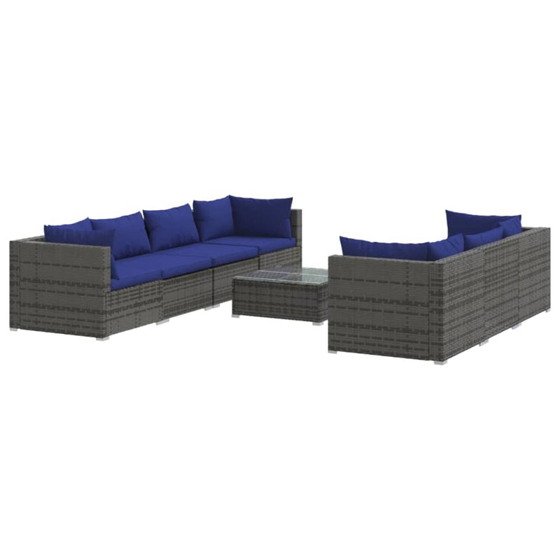 8-delige Loungeset met kussens poly rattan grijs