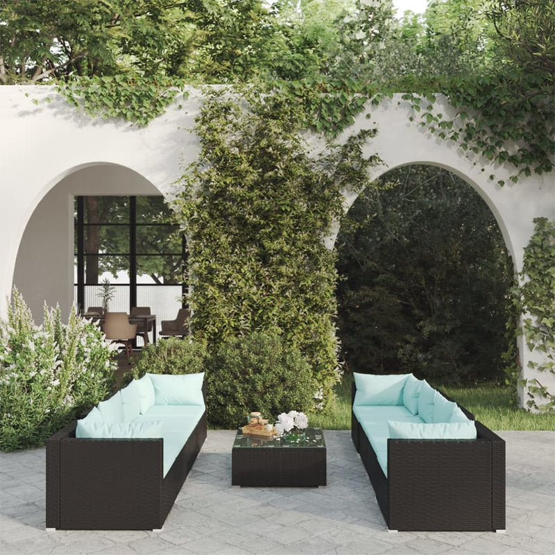 9-delige Loungeset met kussens poly rattan zwart MeubelReus